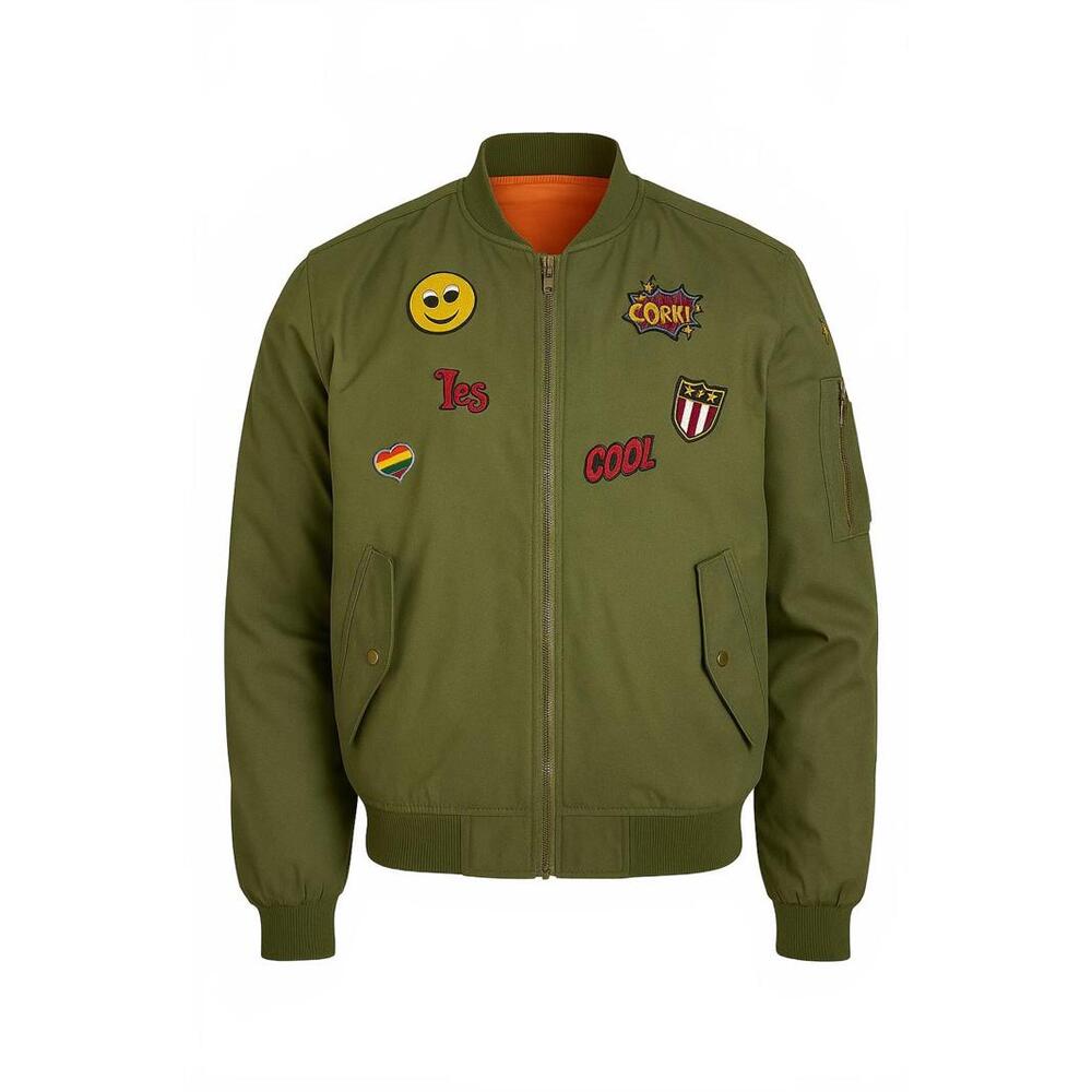 Pink Latte Olive Green‎ Bomber Jacket with Retro Patches | Kids Size 7
